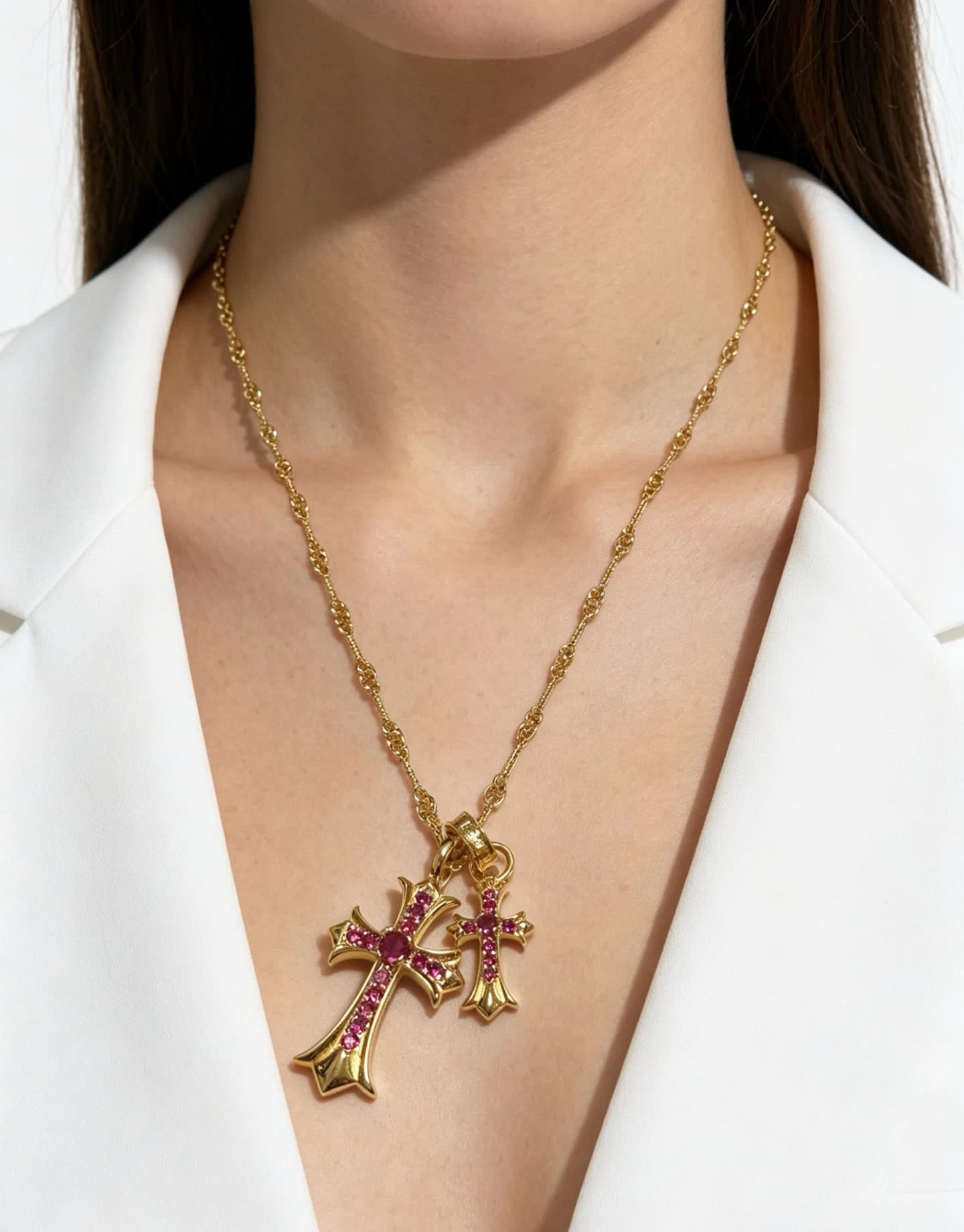 Chrome Hearts Gold Cross Pendant with Ruby Stones
